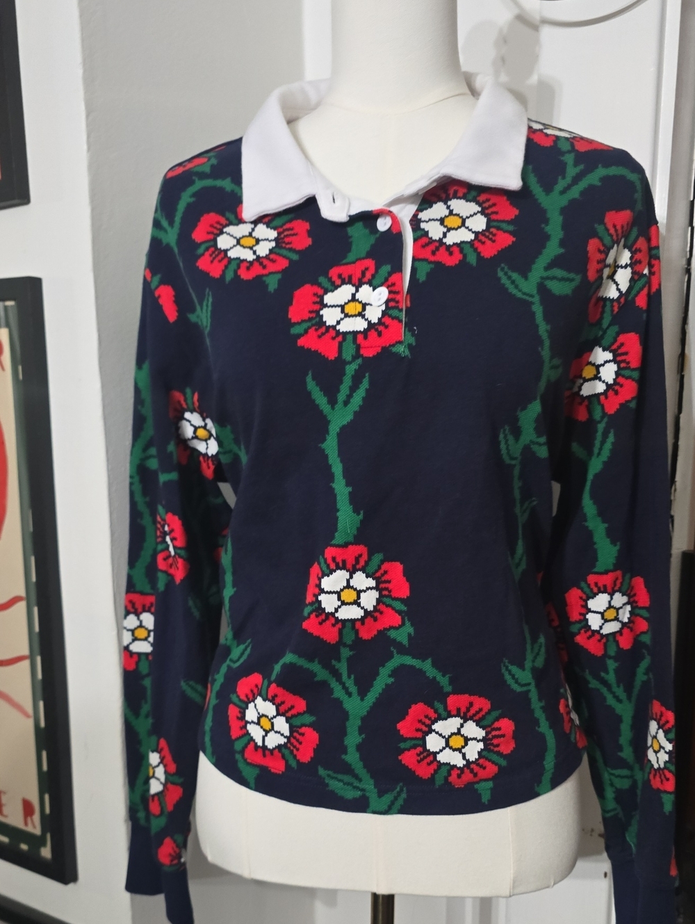 Rowing Blazers Navy Polo Sweater with Red, Green & White Floral Motif 1x Plus